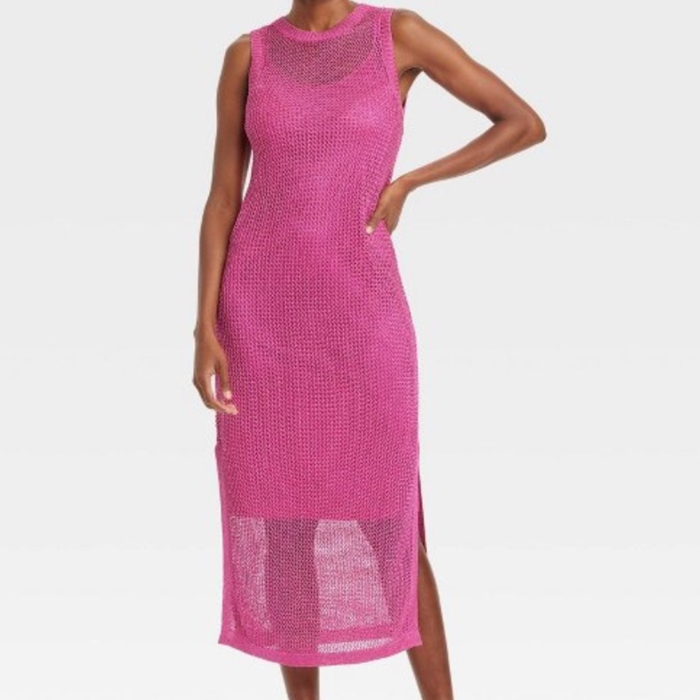 NWT Women's Openwork Midi Tank Dress - A New Day Pink